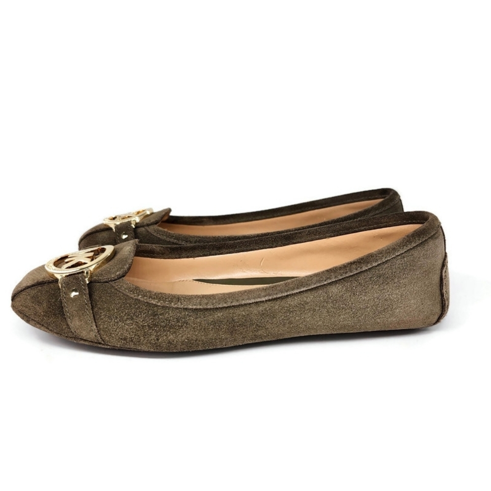 Michael Kors Fulton Dark Olive Green Suede Gold MK Logo Slip-On Driving Loafers - Picture 4 of 14